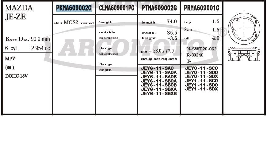 PKMA609002G020 Arco tłok (komplet na silnik, 2. naprawa (+0,50))