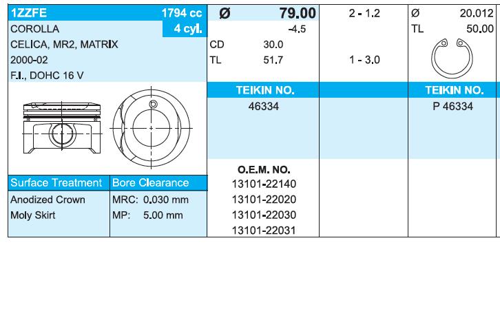 Tłok (komplet na silnik), 2. naprawa (+0,50) Toyota RAV4 2 (XA2)