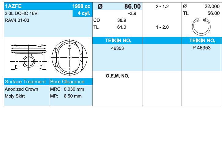 46353050 Teikin tłok (komplet na silnik, 2. naprawa (+0,50))