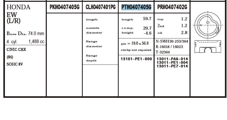 PTHO407405G020 Arco tłok, komplet na 1 cylinder, 2. naprawa (+0,50)