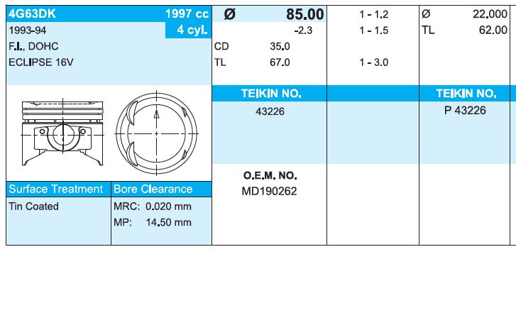 43226050 Teikin Tłok (komplet na silnik), 2. naprawa (+0,50)