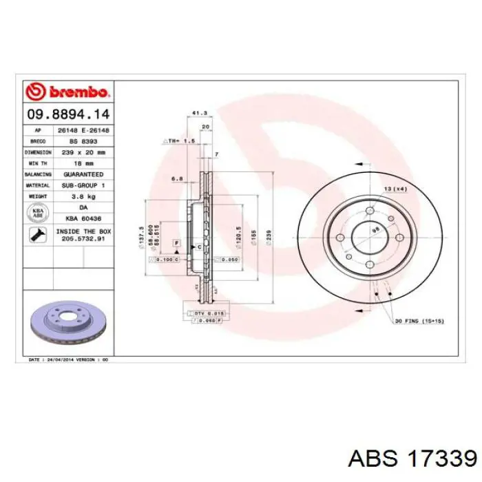 Tarcza hamulcowa przednia ABS 17339 cena, od 27,25 USD