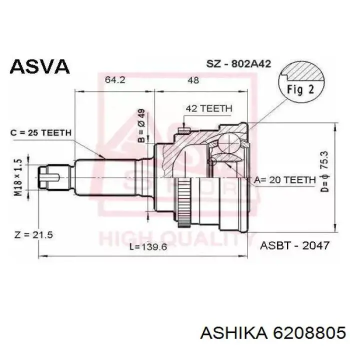 Do koszyka 6208805 Ashika Przegub homokinetyczny przedni zewnętrzny