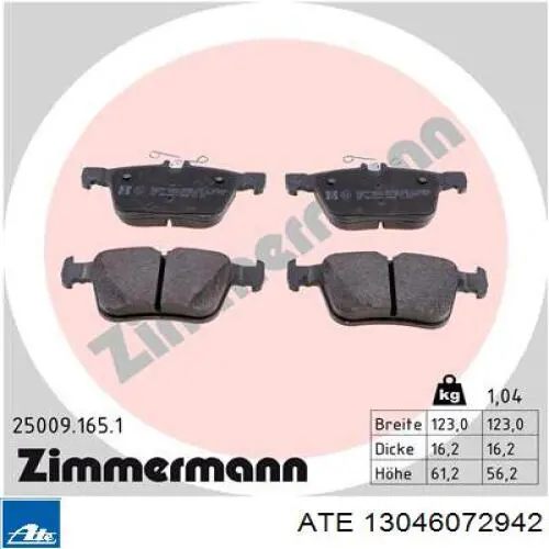 Okładziny (klocki) do hamulców tarczowych tylne ATE 13046072942 cena, od 28,52 USD