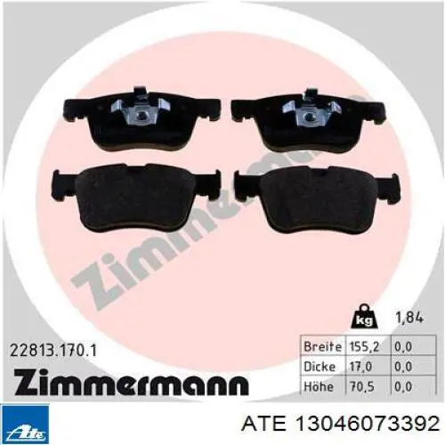 13046073392 ATE Klocki hamulcowe przednie tarczowe