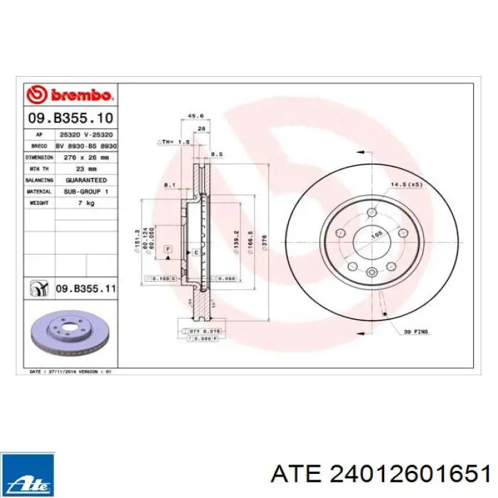 Tarcza hamulcowa przednia ATE 24012601651 cena, od 77,72 USD