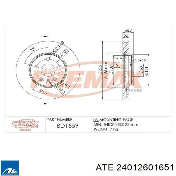 Do koszyka 24012601651 ATE Tarcza hamulcowa przednia