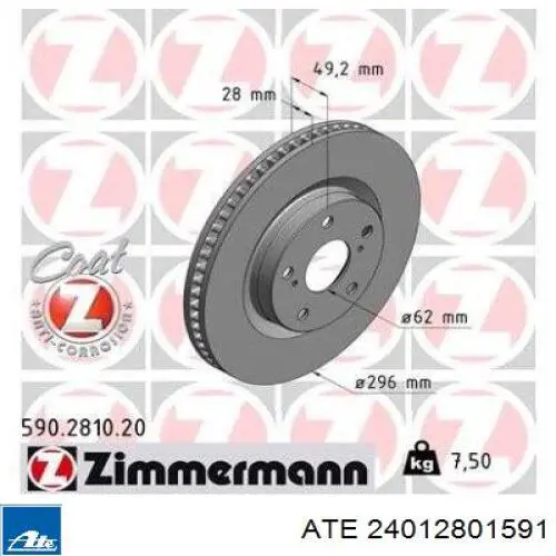 Tarcza hamulcowa przednia ATE 24012801591 cena, od 50,84 USD