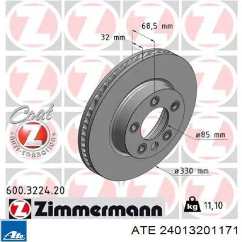 Tarcza hamulcowa przednia ATE 24013201171 cena, od 85,16 USD