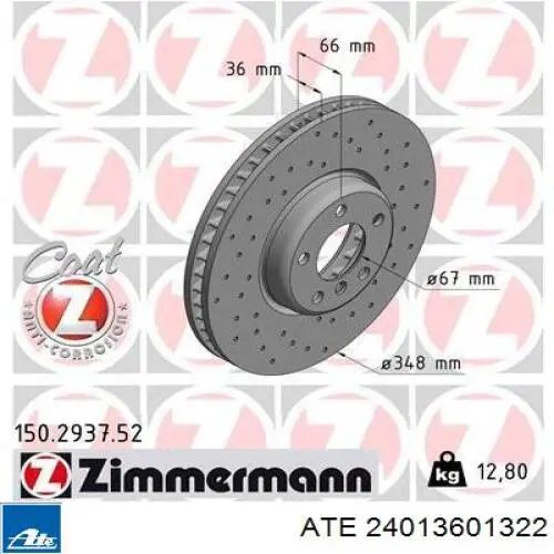 Tarcza hamulcowa przednia ATE 24013601322 cena, od 176,64 USD