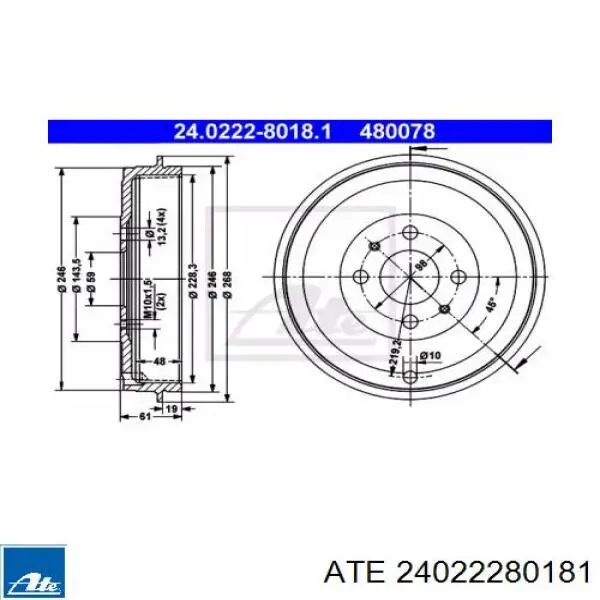 Bęben hamulcowy tylny ATE 24022280181 cena, od 54,84 USD