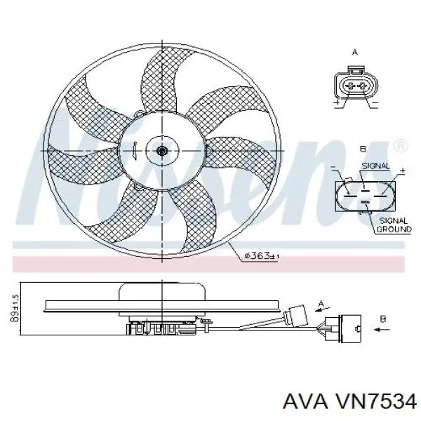 VN7534 AVA Wentylator elektryczny układu chłodzenia, kompletny (silnik+wirnik) lewy