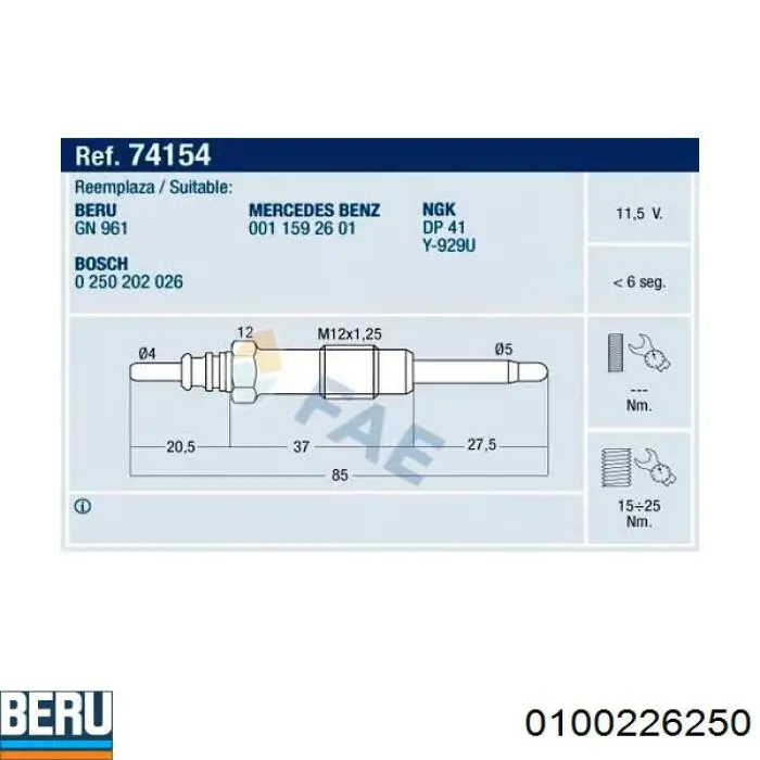 Świeca żarowa 0100226250 Beru