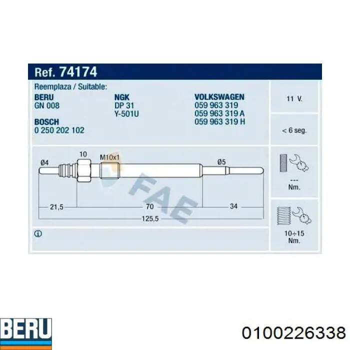 Świeca żarowa Beru 0100226338 cena, od 8,98 USD