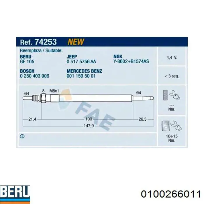 Świeca żarowa 0100266011 Beru