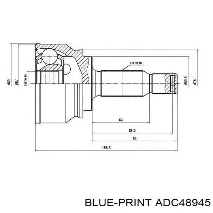 Do koszyka ADC48945 Blue Print Przegub homokinetyczny przedni zewnętrzny