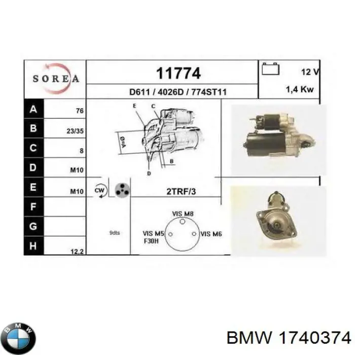 Rozrusznik BMW 1740374 cena, od 80,10 USD