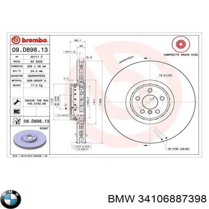 Tarcza hamulcowa przednia BMW 34106887398 cena, od 262,28 USD
