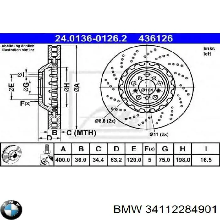 Tarcza hamulcowa przednia 34112284901 BMW