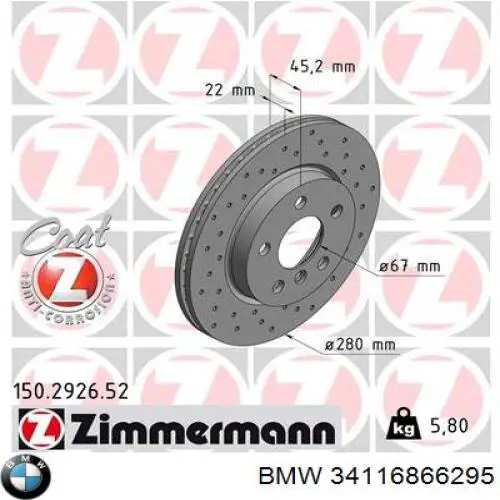 Tarcza hamulcowa przednia BMW 34116866295 cena, od 51,31 USD