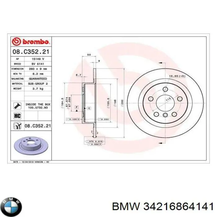 34216864141 BMW tarcza hamulcowa tylna