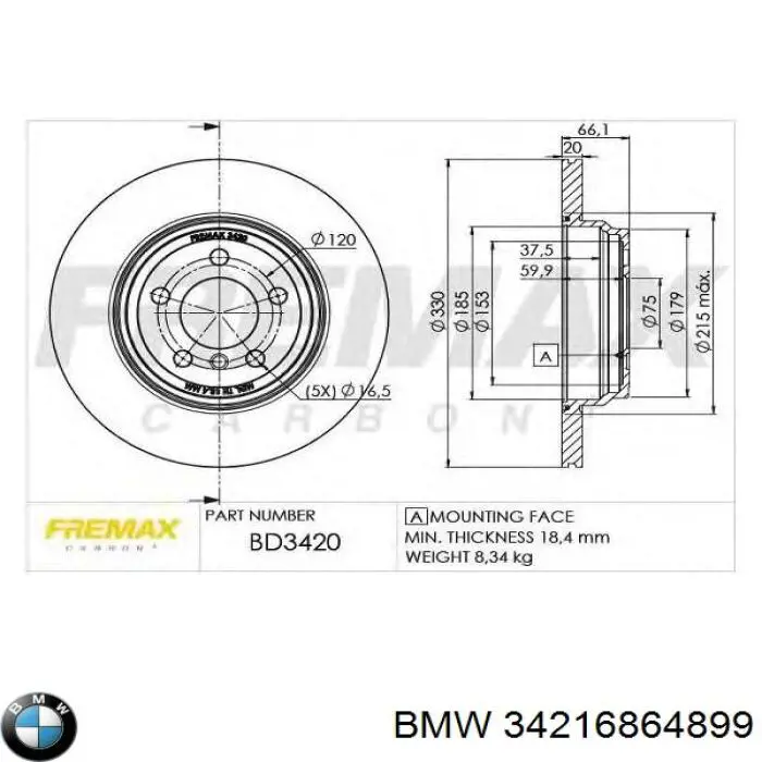 Tarcza hamulcowa tylna 34216864899 BMW