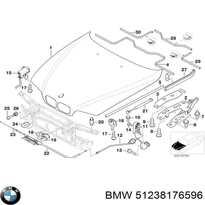 Do koszyka 51238176596 BMW Linka otwierania maski przednia
