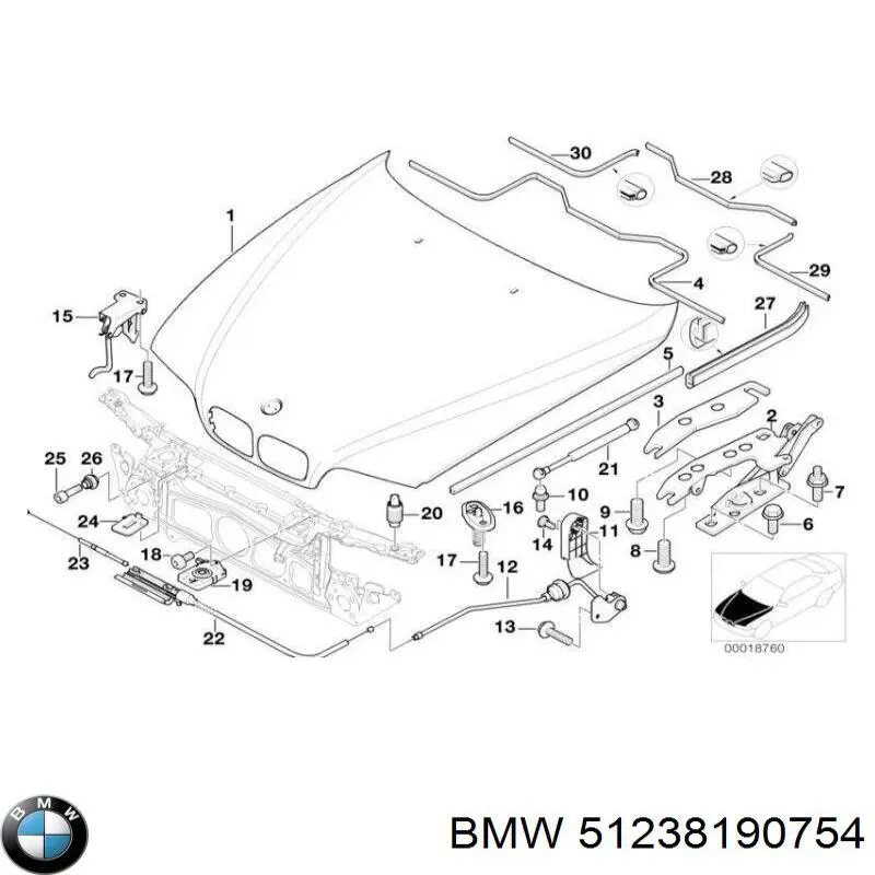 Do koszyka 51238190754 BMW Linka otwierania maski tylna