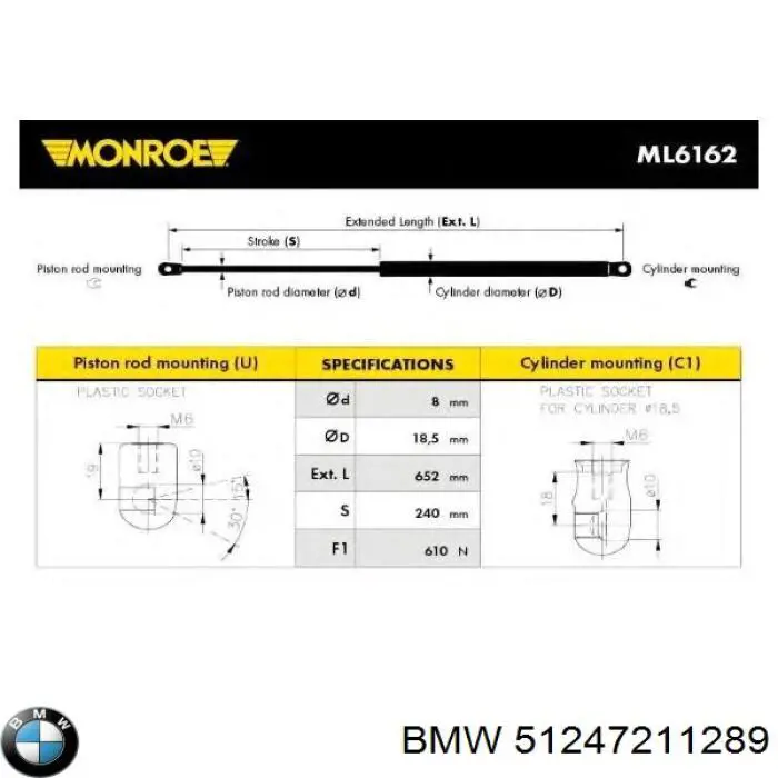 Amortyzator klapy bagażnika (3/5 drzwi-tylnych) BMW 51247211289 cena, od 16,56 USD
