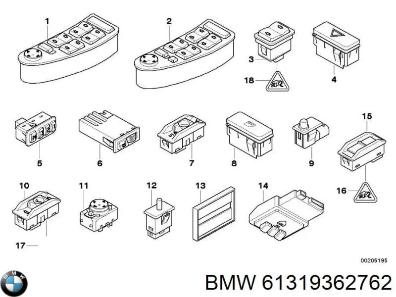 61319362762 BMW panel przyciskowy sterowania podnośnikiem szyby przedni lewy