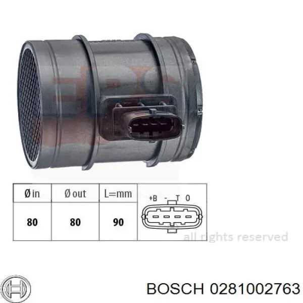 0281002763 Bosch Czujnik przepływu powietrza, przepływomierz powietrza M.A.F.