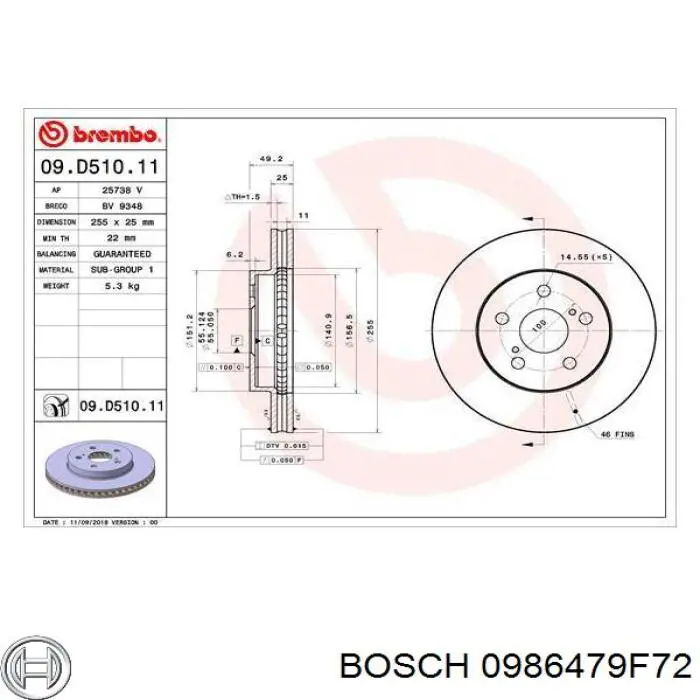 0986479F72 Bosch tarcza hamulcowa przednia