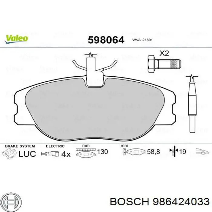 Klocki hamulcowe przednie tarczowe 986424033 Bosch