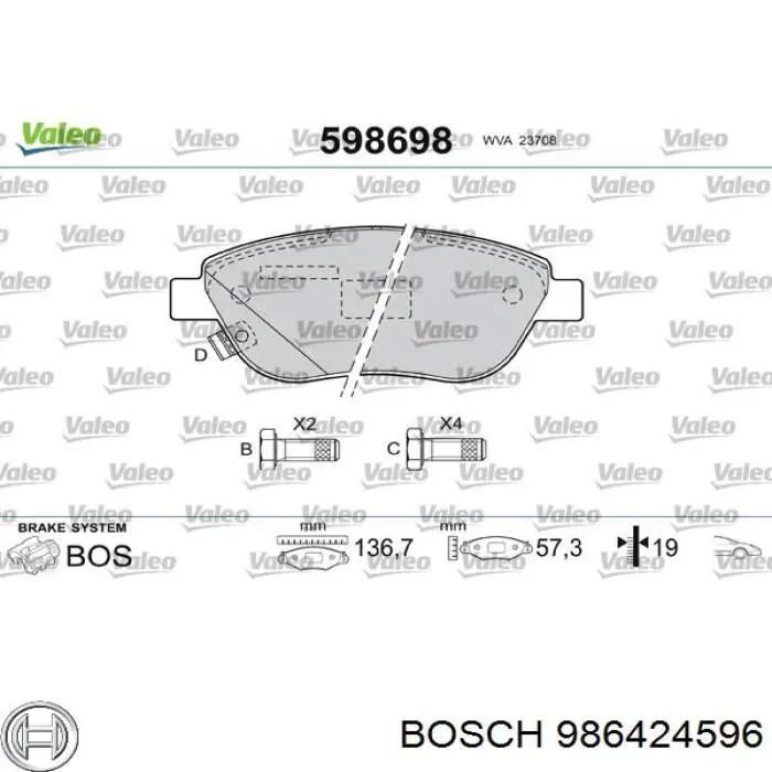 Do koszyka 986424596 Bosch Klocki hamulcowe przednie tarczowe