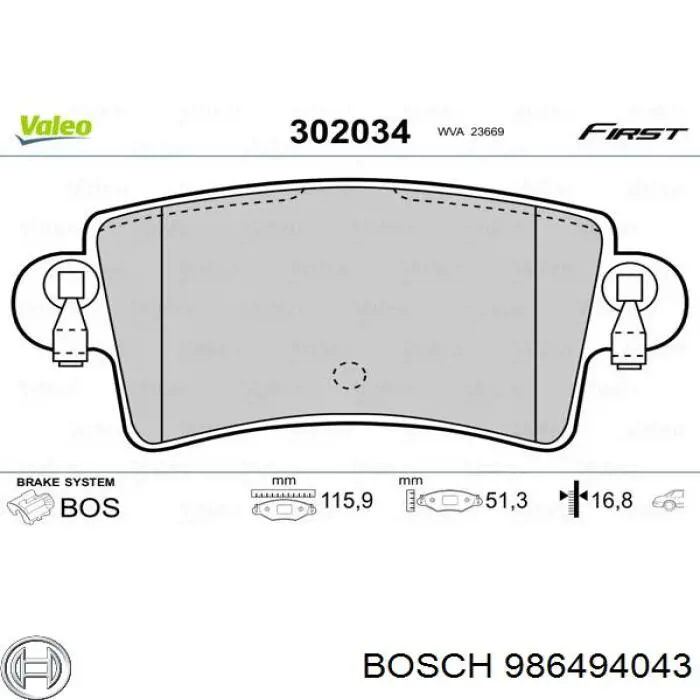 986494043 Bosch Okładziny (klocki) do hamulców tarczowych tylne