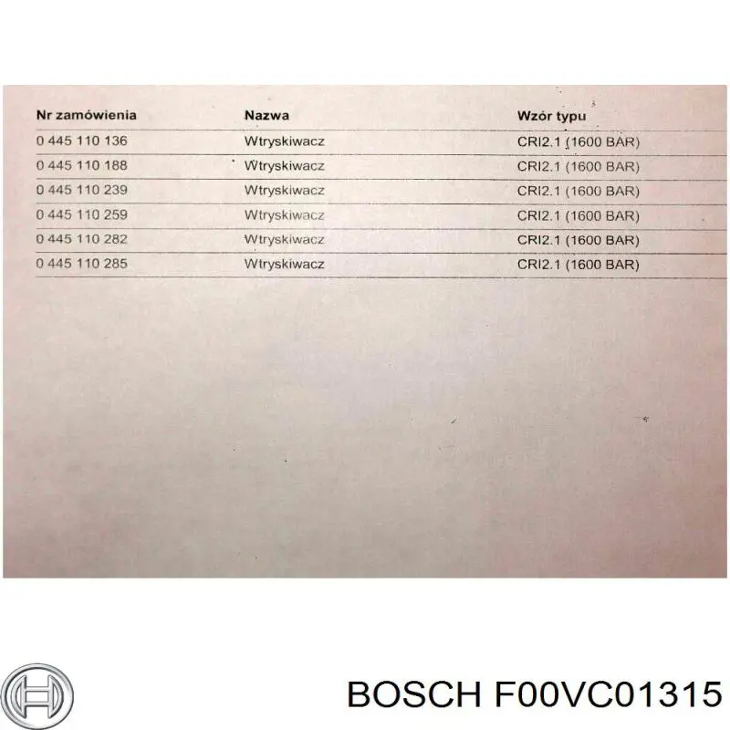 Do koszyka F00VC01315 Bosch Zawór wtryskiwacza