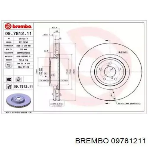 Tarcza hamulcowa przednia Brembo 09781211 cena, od 117,16 USD