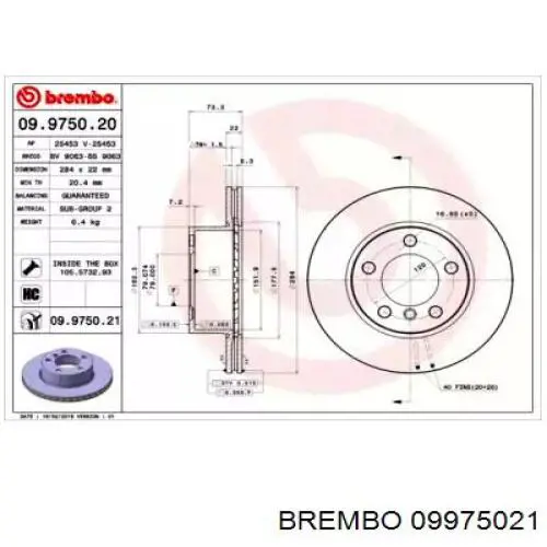 09.9750.21 Brembo tarcza hamulcowa przednia