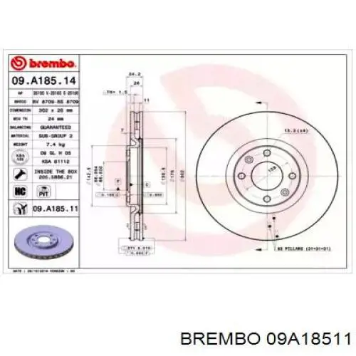 09.A185.11 Brembo tarcza hamulcowa przednia