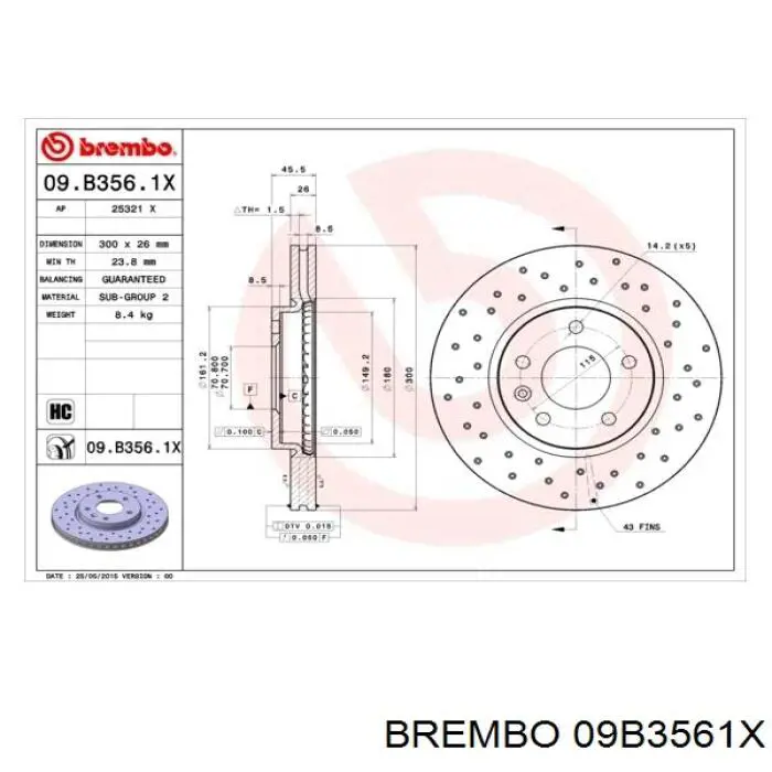 Tarcza hamulcowa przednia Brembo 09B3561X cena, od 106,00 USD