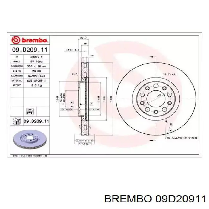 09.D209.11 Brembo tarcza hamulcowa przednia