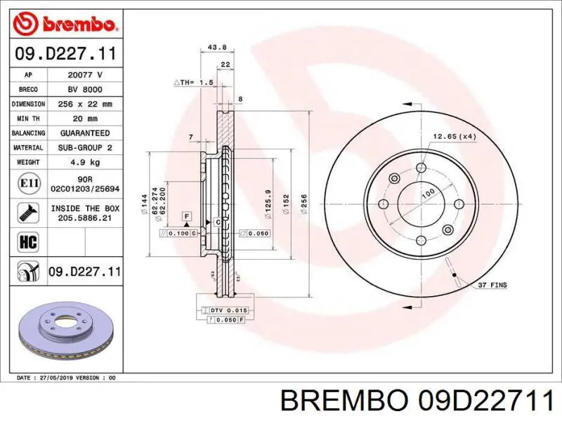 09.D227.11 Brembo tarcza hamulcowa przednia