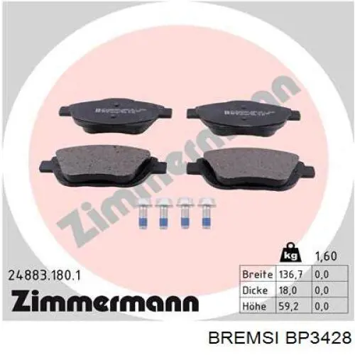 Klocki hamulcowe przednie tarczowe Bremsi BP3428 cena, od 35,36 USD