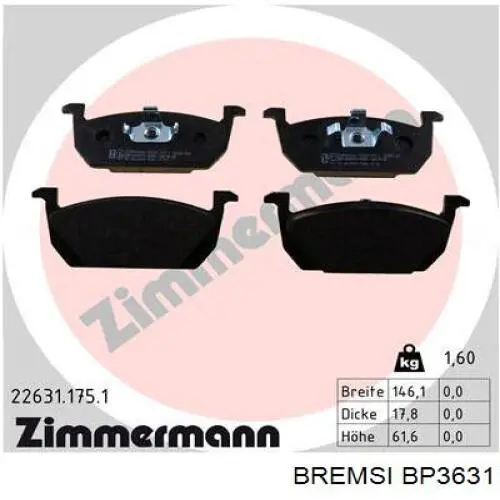 Klocki hamulcowe przednie tarczowe Bremsi BP3631 cena, od 27,88 USD