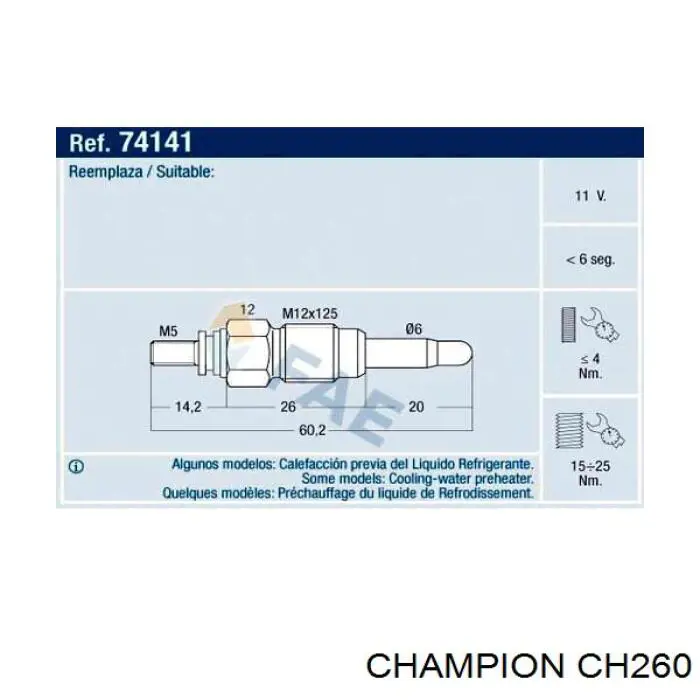 Świeca żarowa Champion CH260 cena, od 6,95 USD