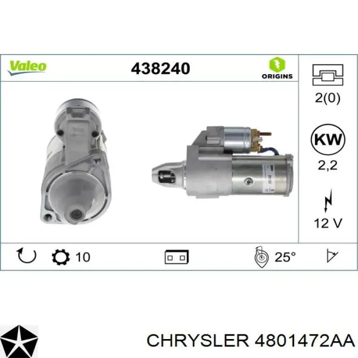 Rozrusznik Chrysler 4801472AA cena, od 76,62 USD