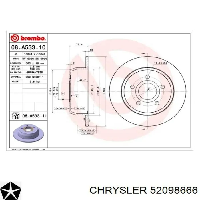 Do koszyka 52098666 Chrysler Tarcza hamulcowa tylna