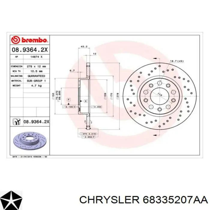 68335207AA Chrysler Tarcza hamulcowa tylna