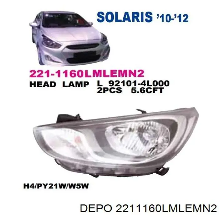 Reflektor lewy Hyundai SOLARIS I sedana (SBR11) (2011 - 2017) cena, od 98,01 USD