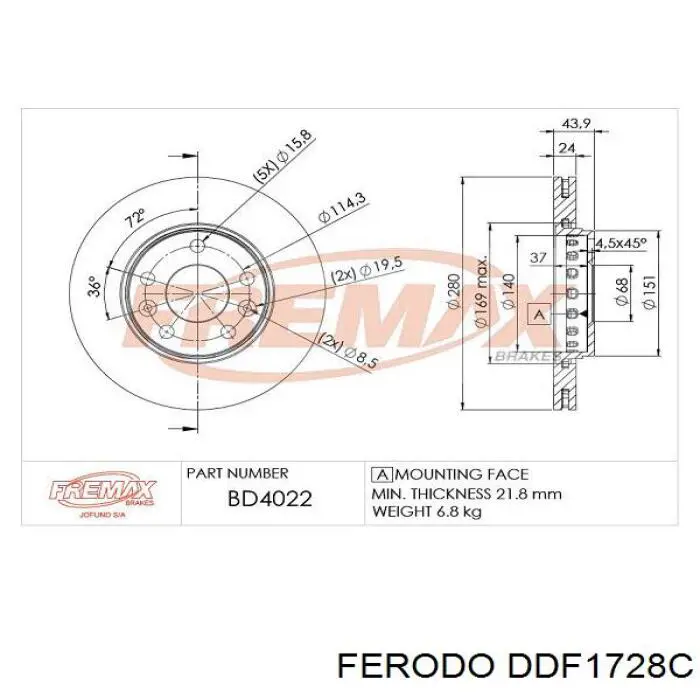 Do koszyka DDF1728C Ferodo Tarcza hamulcowa przednia